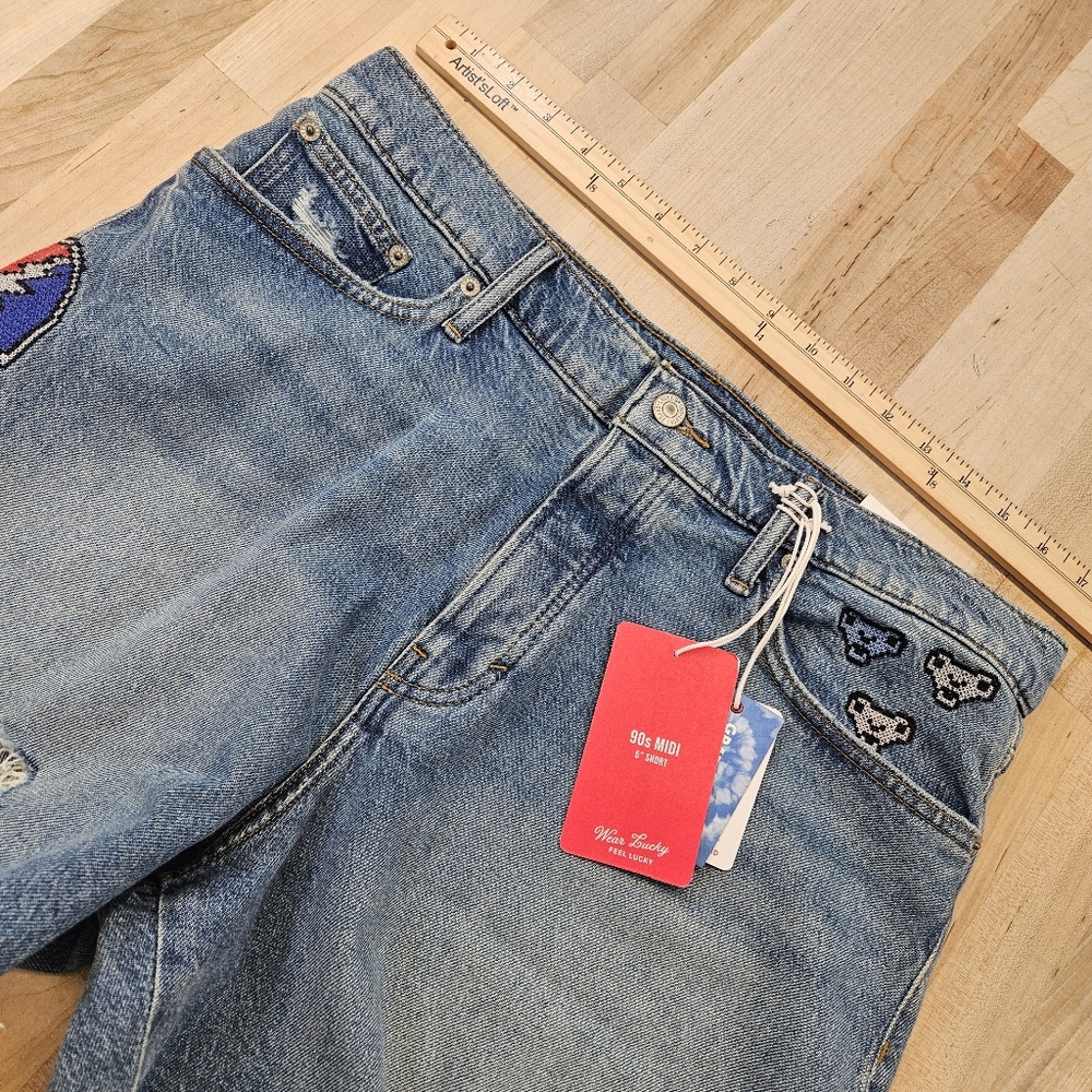 Grateful Dead x Lucky Brand NWT Womens 90s Midi Jean Shorts Sz 14/32 Embroidered - Picture 2 of 9